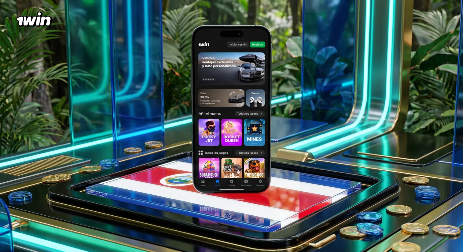 Salón de juegos de 1win en un celular, con Lucky Jet, Rocket Queen y Mines en pantalla